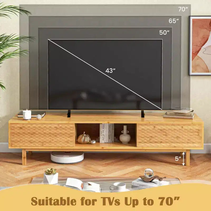 Costway 63 Bamboo TV Stand with 3 Storage Cubes Sliding Doors Mid Century Storage Cabinet