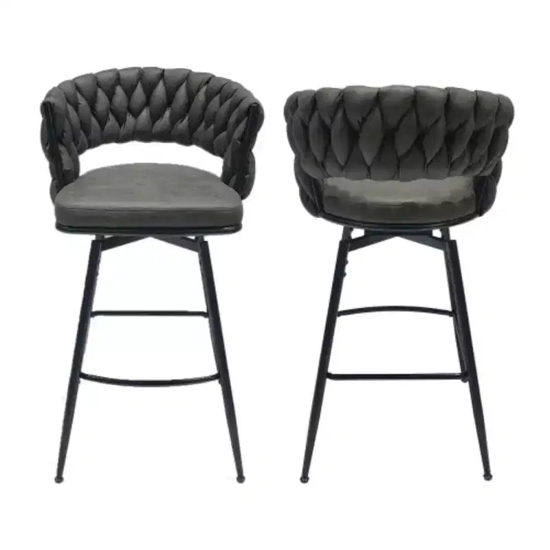 Back and Footrest Included, 2 Linen Woven Swivel Bar Stools Set, Non-Adjustable Kitchen Chairs