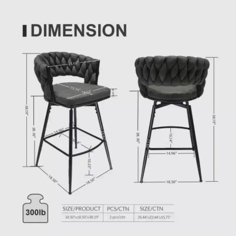 Back and Footrest Included, 2 Linen Woven Swivel Bar Stools Set, Non-Adjustable Kitchen Chairs