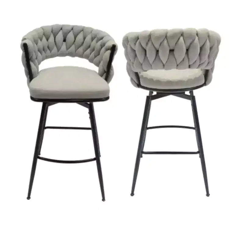 Back and Footrest Included, 2 Linen Woven Swivel Bar Stools Set, Non-Adjustable Kitchen Chairs