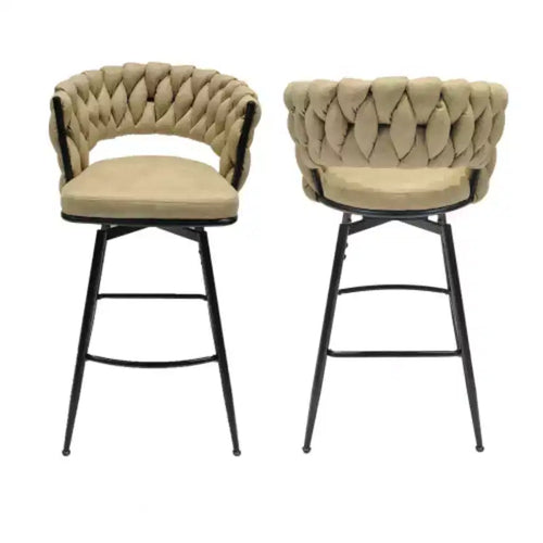 Back and Footrest Included, 2 Linen Woven Swivel Bar Stools Set, Non-Adjustable Kitchen Chairs