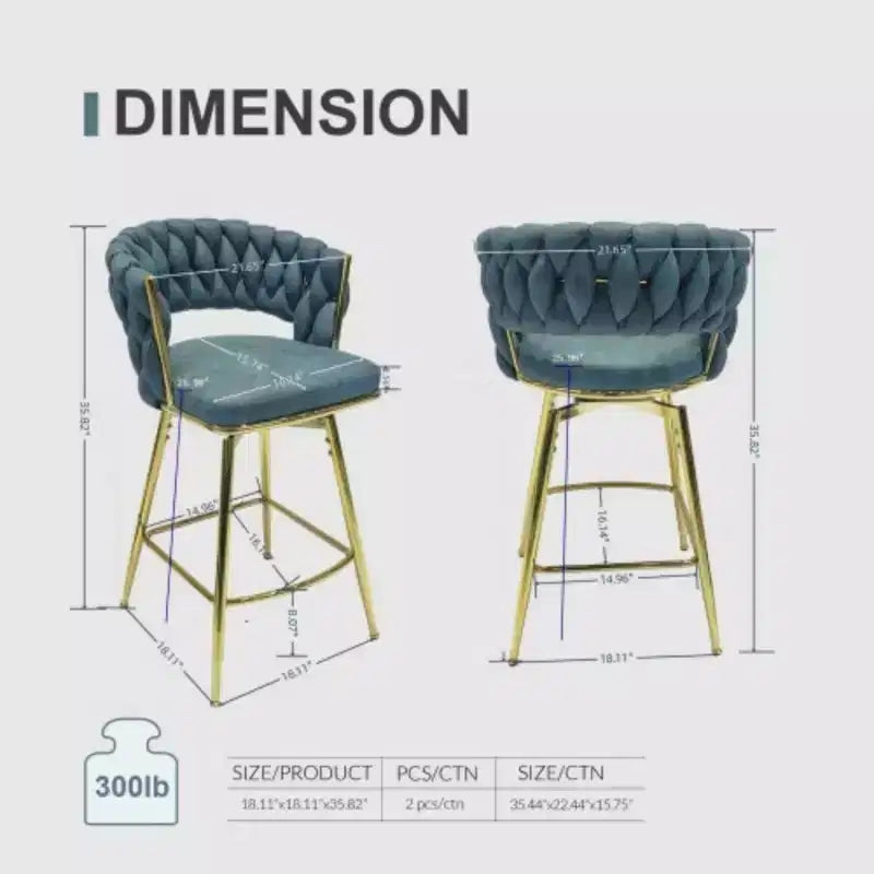 Back and Footrest Included, 2 Linen Woven Swivel Bar Stools Set, Non-Adjustable Kitchen Chairs