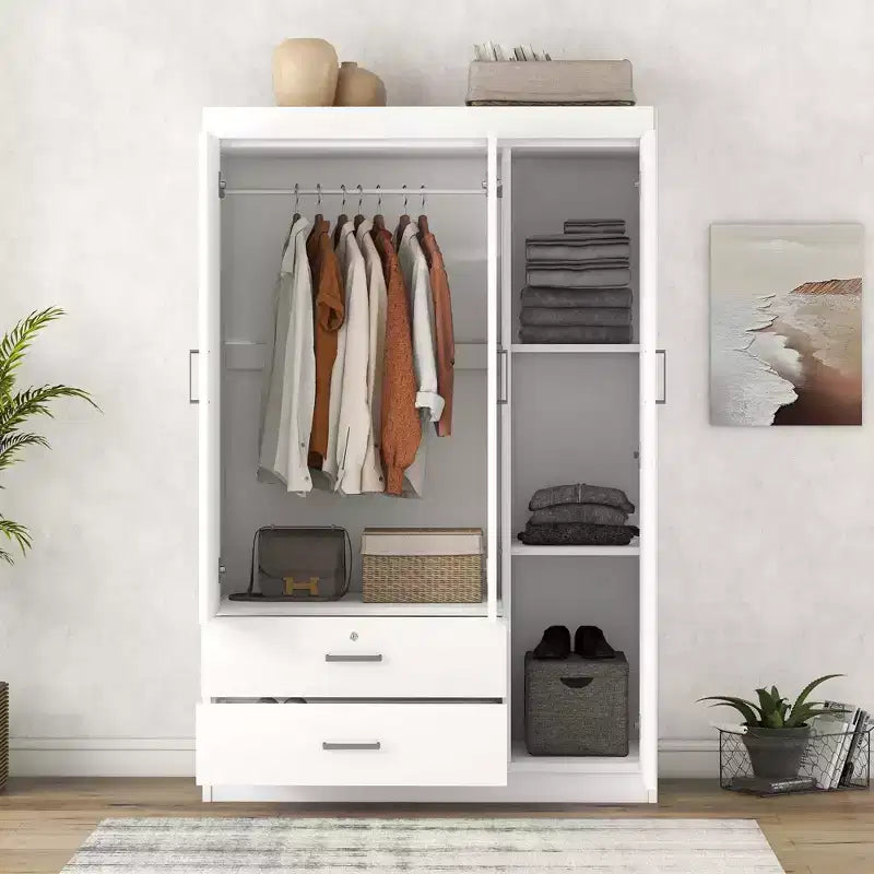 Whisen Wood 3-Door Wardrobe Armoire with Hanging Rod, 2-Drawers, and Storage Shelves