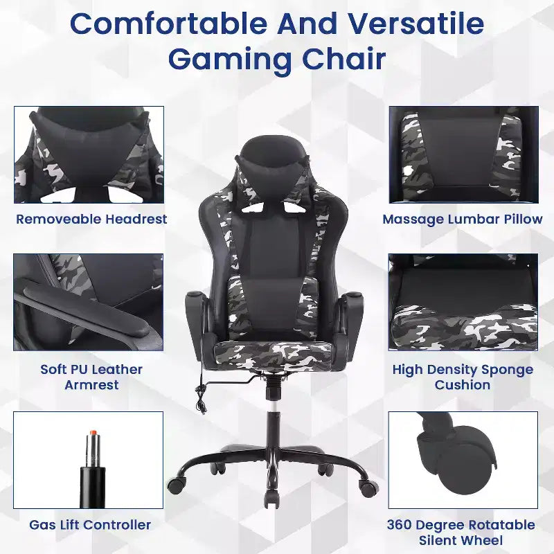 BestMassage Sedia da Gaming Sedia da Ufficio High-Back con Supporto Lombare Funzione Massaggio e Rotelle Girevoli in Pelle PU per Adulti e Ragazzi