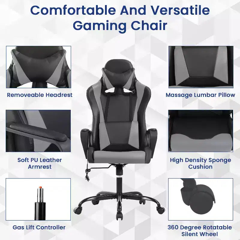 BestMassage Sedia da Gaming Sedia da Ufficio High-Back con Supporto Lombare Funzione Massaggio e Rotelle Girevoli in Pelle PU per Adulti e Ragazzi