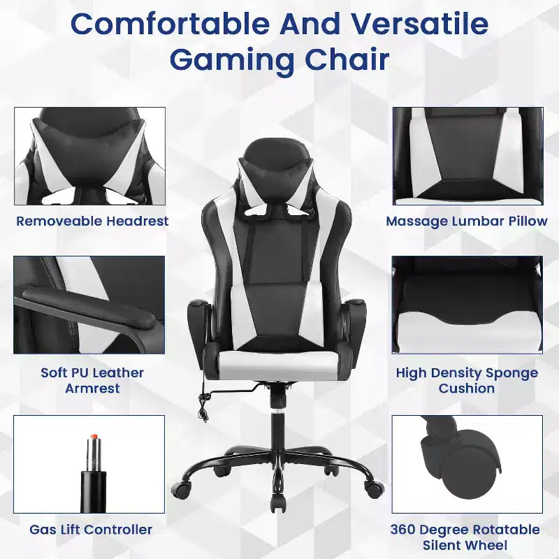 BestMassage Sedia da Gaming Sedia da Ufficio High-Back con Supporto Lombare Funzione Massaggio e Rotelle Girevoli in Pelle PU per Adulti e Ragazzi