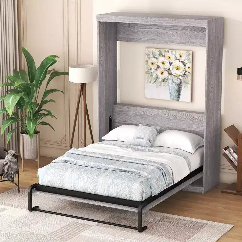 Full/Twin Size Murphy Bed Wall Bed, Wood Cabinet Bed, Gray -ModernLuxe