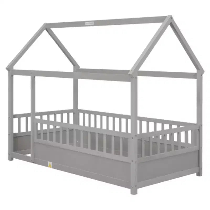 Single-Person Low-Profile Wood Bed with House-Style Roof and Fence Railings