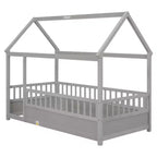 Single-Person Low-Profile Wood Bed with House-Style Roof and Fence Railings