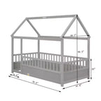 Single-Person Low-Profile Wood Bed with House-Style Roof and Fence Railings