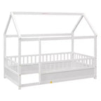 Single-Person Low-Profile Wood Bed with House-Style Roof and Fence Railings