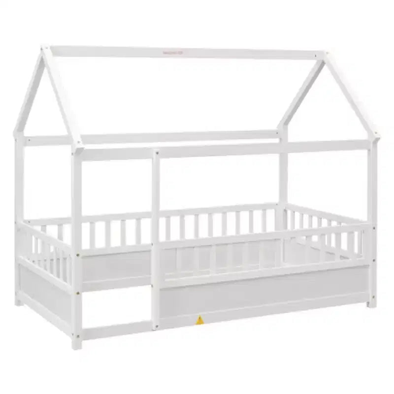 Single-Person Low-Profile Wood Bed with House-Style Roof and Fence Railings