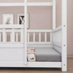 Single-Person Low-Profile Wood Bed with House-Style Roof and Fence Railings