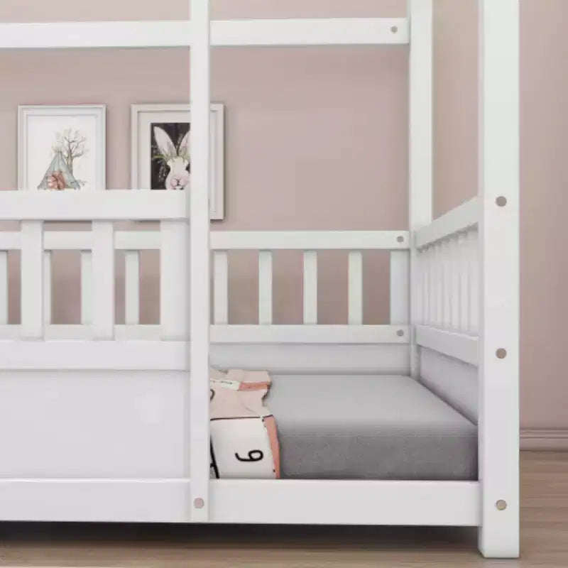 Single-Person Low-Profile Wood Bed with House-Style Roof and Fence Railings