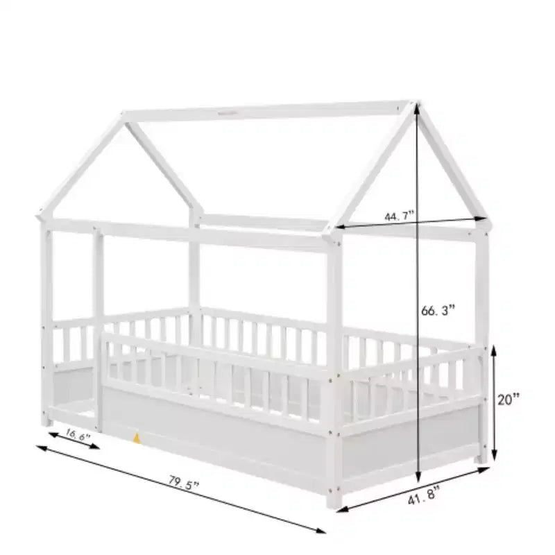 Single-Person Low-Profile Wood Bed with House-Style Roof and Fence Railings