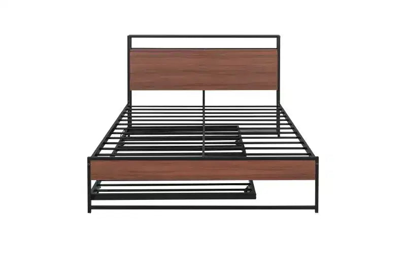 Metal Full Size Bed Frame with Trundle Bed, Integrated USB Ports, and Slat System C Box Spring Optional
