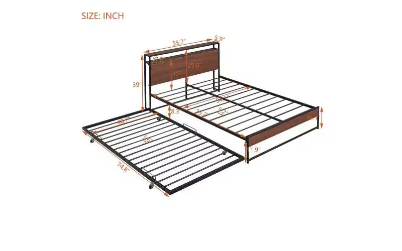 Metal Full Size Bed Frame with Trundle Bed, Integrated USB Ports, and Slat System C Box Spring Optional