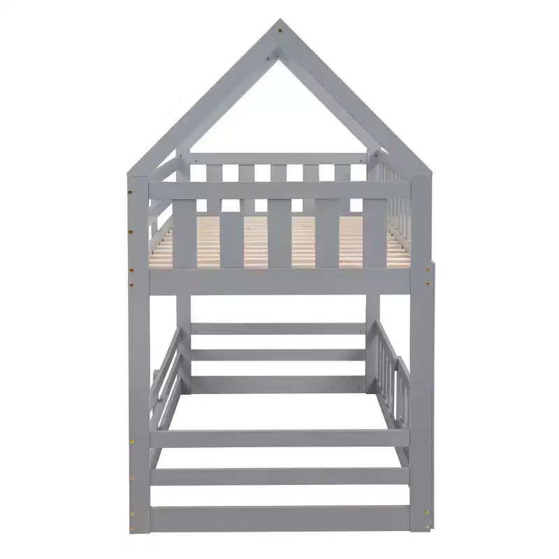 Whisen Wood Twin over Twin House-Shaped Bunk Bed with Fence with Door and Ladder