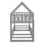 Whisen Wood Twin over Twin House-Shaped Bunk Bed with Fence with Door and Ladder