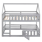 Whisen Wood Twin over Twin House-Shaped Bunk Bed with Fence with Door and Ladder