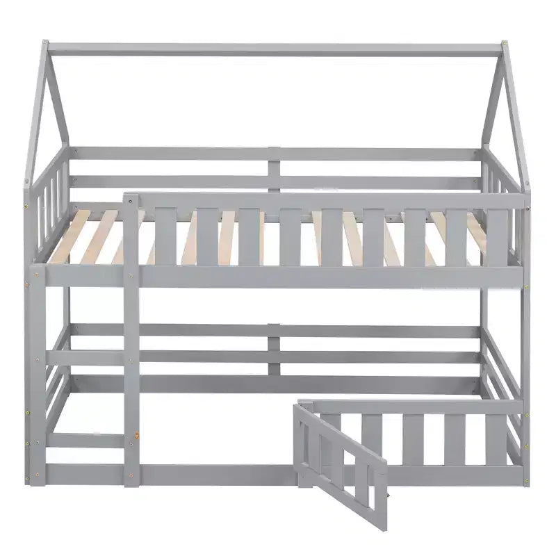 Whisen Wood Twin over Twin House-Shaped Bunk Bed with Fence with Door and Ladder