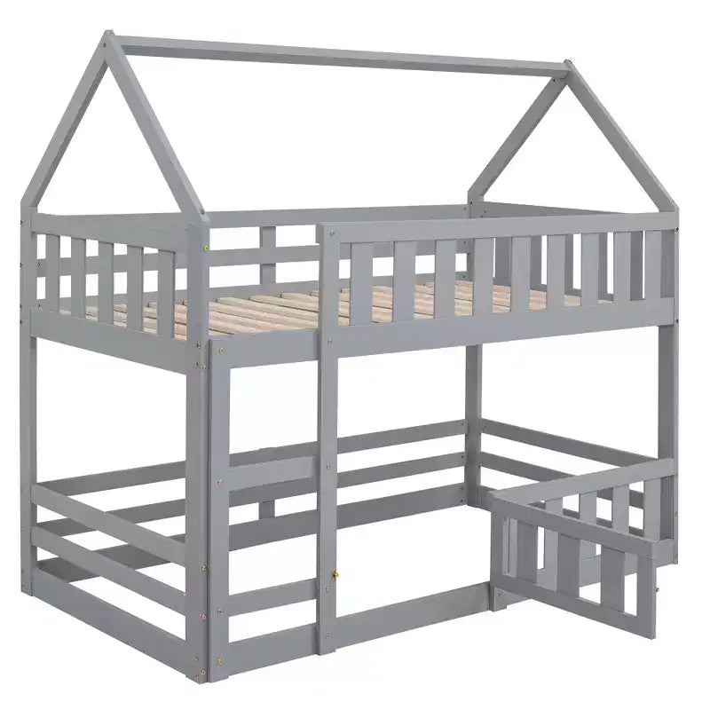 Whisen Wood Twin over Twin House-Shaped Bunk Bed with Fence with Door and Ladder