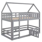 Whisen Wood Twin over Twin House-Shaped Bunk Bed with Fence with Door and Ladder