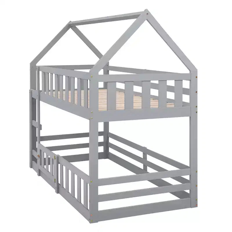 Whisen Wood Twin over Twin House-Shaped Bunk Bed with Fence with Door and Ladder