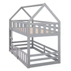 Whisen Wood Twin over Twin House-Shaped Bunk Bed with Fence with Door and Ladder