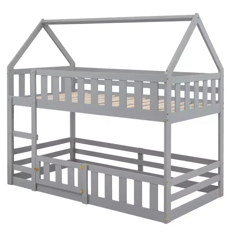 Whisen Wood Twin over Twin House-Shaped Bunk Bed with Fence with Door and Ladder
