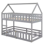 Whisen Wood Twin over Twin House-Shaped Bunk Bed with Fence with Door and Ladder