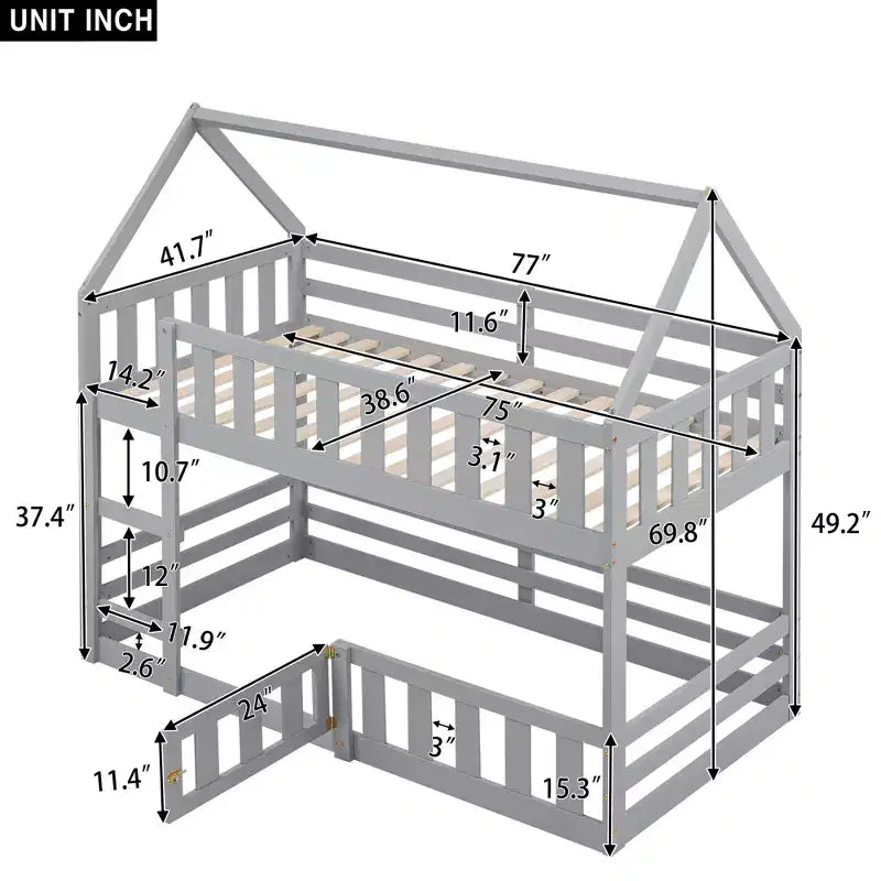 Whisen Wood Twin over Twin House-Shaped Bunk Bed with Fence with Door and Ladder