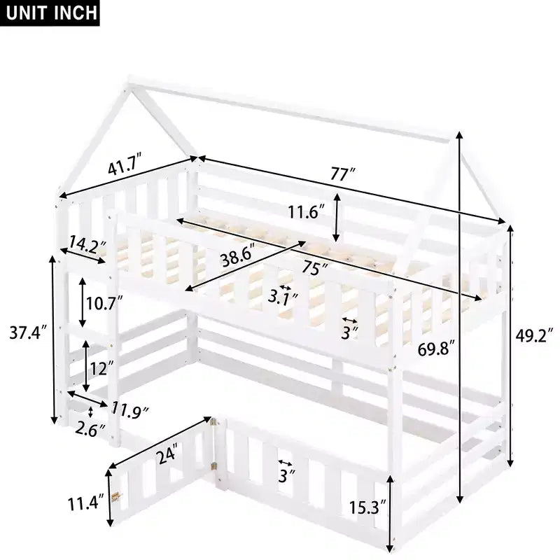 Whisen Wood Twin over Twin House-Shaped Bunk Bed with Fence with Door and Ladder