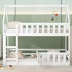 Whisen Wood Twin over Twin House-Shaped Bunk Bed with Fence with Door and Ladder