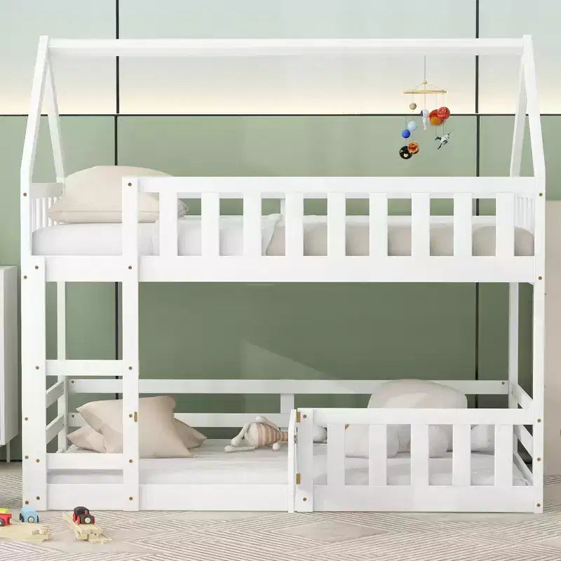 Whisen Wood Twin over Twin House-Shaped Bunk Bed with Fence with Door and Ladder
