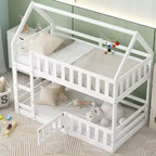 Whisen Wood Twin over Twin House-Shaped Bunk Bed with Fence with Door and Ladder
