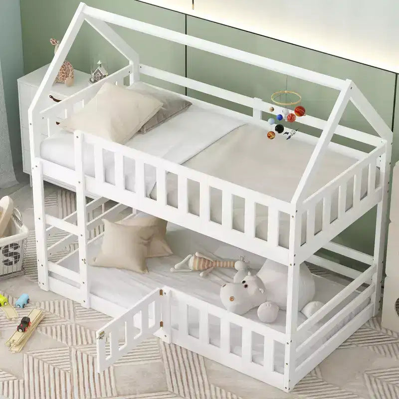 Whisen Wood Twin over Twin House-Shaped Bunk Bed with Fence with Door and Ladder