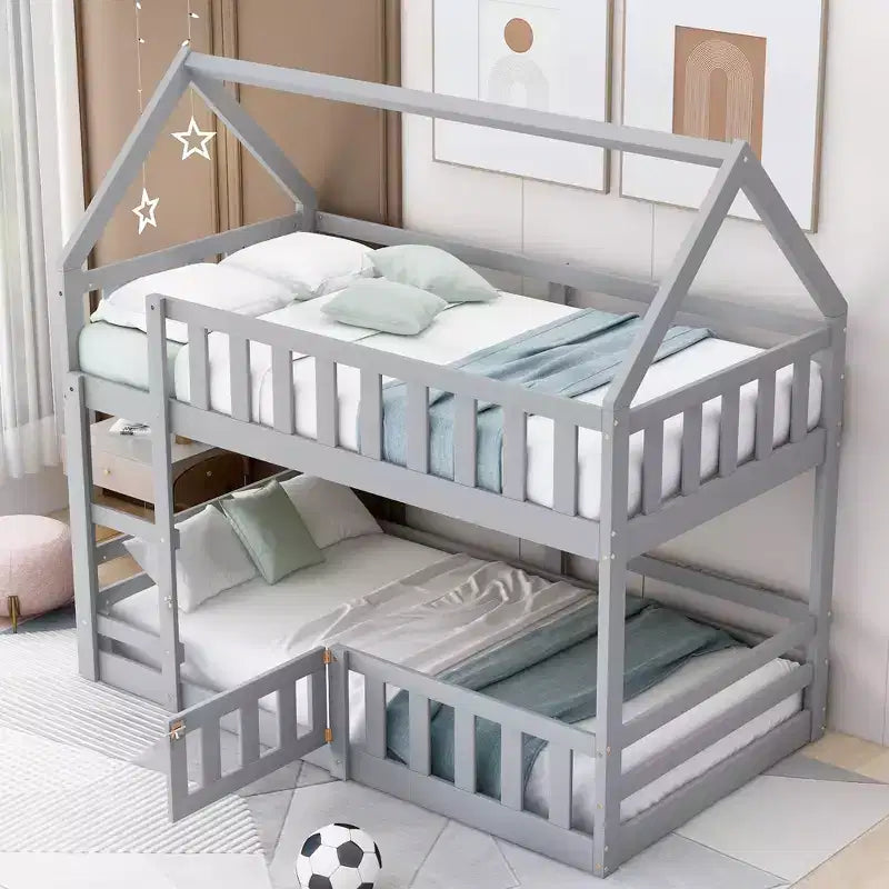 Whisen Wood Twin over Twin House-Shaped Bunk Bed with Fence with Door and Ladder