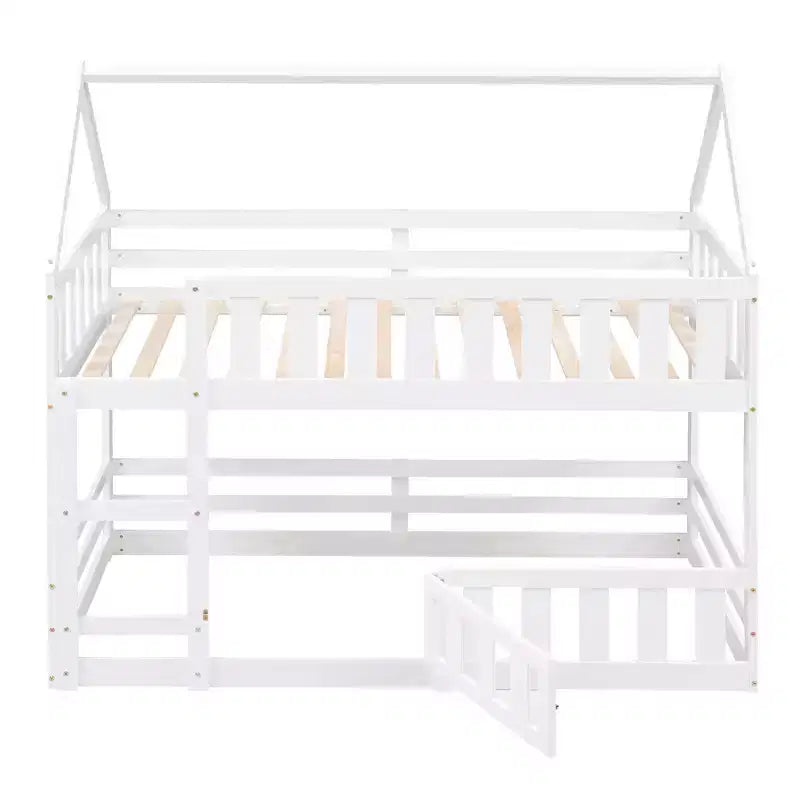 Whisen Wood Twin over Twin House-Shaped Bunk Bed with Fence with Door and Ladder