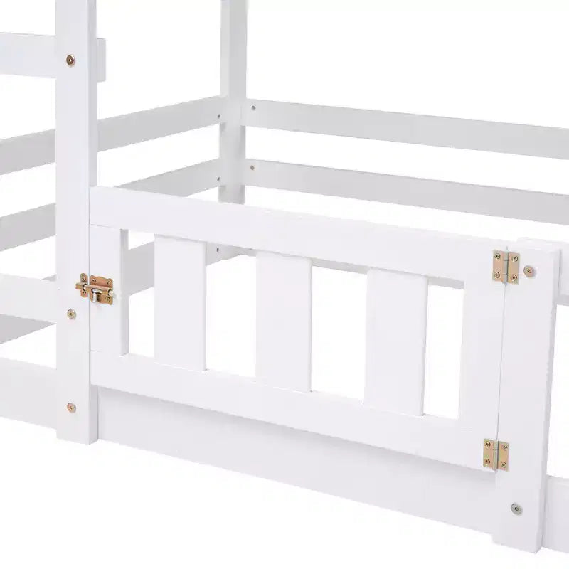 Whisen Wood Twin over Twin House-Shaped Bunk Bed with Fence with Door and Ladder