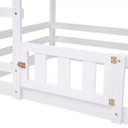 Whisen Wood Twin over Twin House-Shaped Bunk Bed with Fence with Door and Ladder