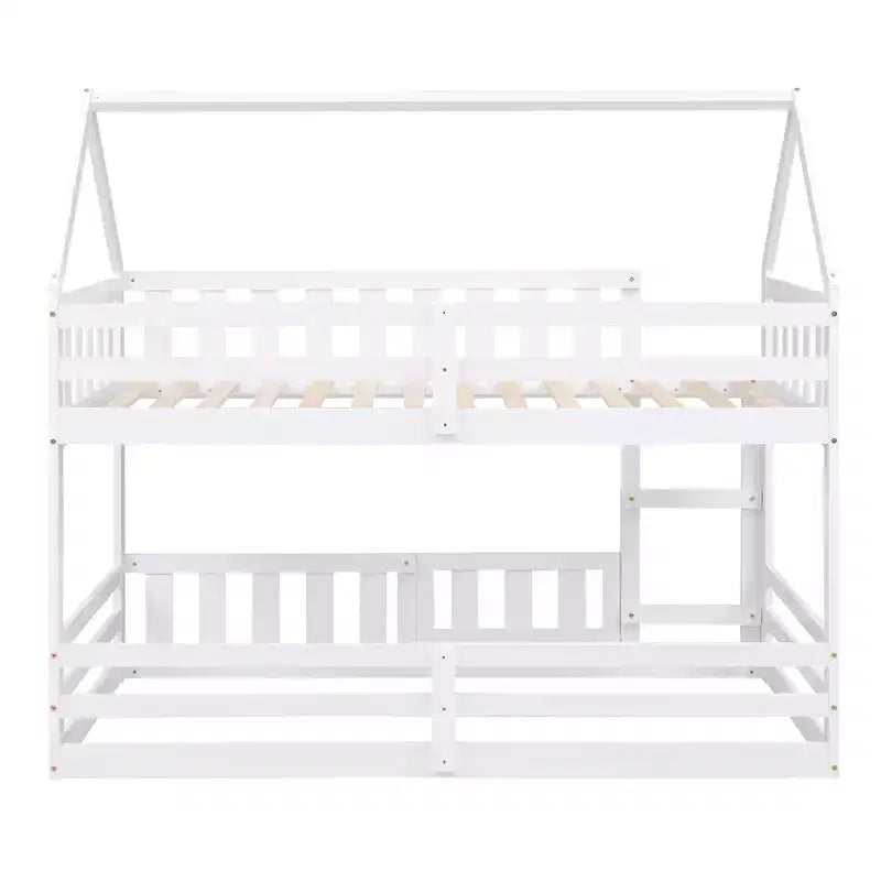Whisen Wood Twin over Twin House-Shaped Bunk Bed with Fence with Door and Ladder