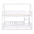Whisen Wood Twin over Twin House-Shaped Bunk Bed with Fence with Door and Ladder