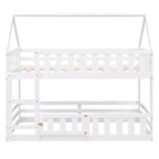 Whisen Wood Twin over Twin House-Shaped Bunk Bed with Fence with Door and Ladder