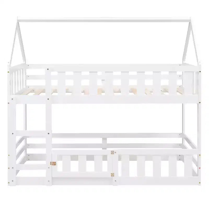 Whisen Wood Twin over Twin House-Shaped Bunk Bed with Fence with Door and Ladder