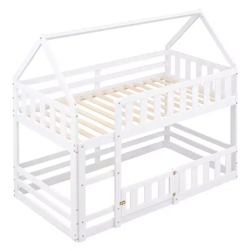Whisen Wood Twin over Twin House-Shaped Bunk Bed with Fence with Door and Ladder