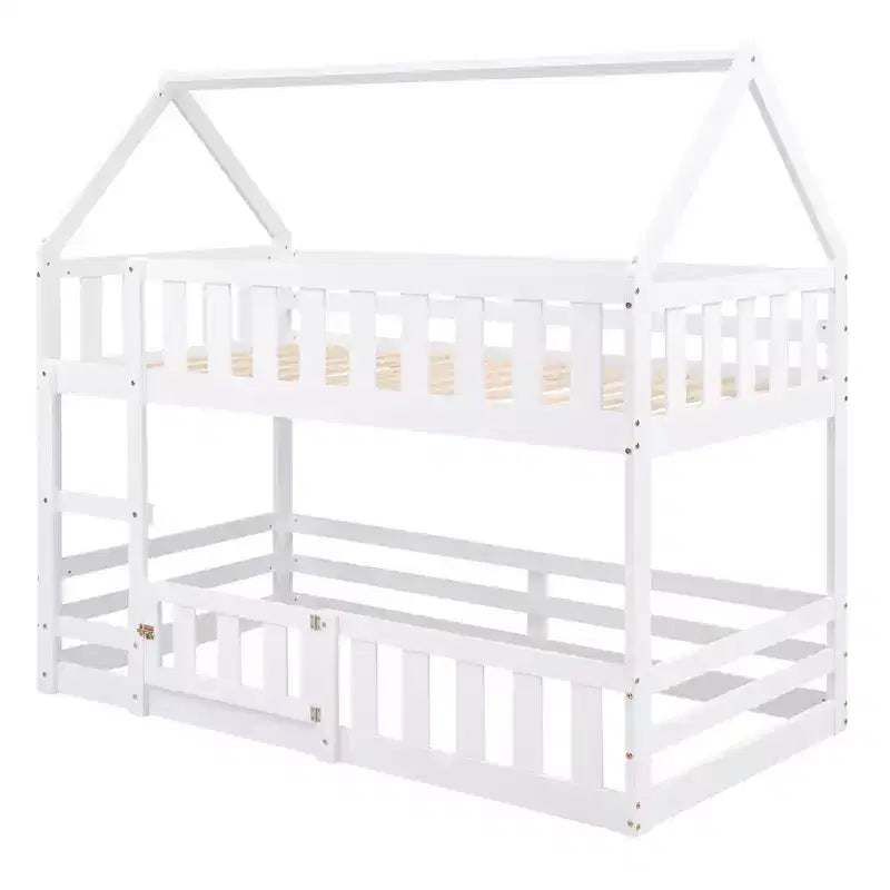 Whisen Wood Twin over Twin House-Shaped Bunk Bed with Fence with Door and Ladder