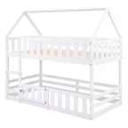 Whisen Wood Twin over Twin House-Shaped Bunk Bed with Fence with Door and Ladder