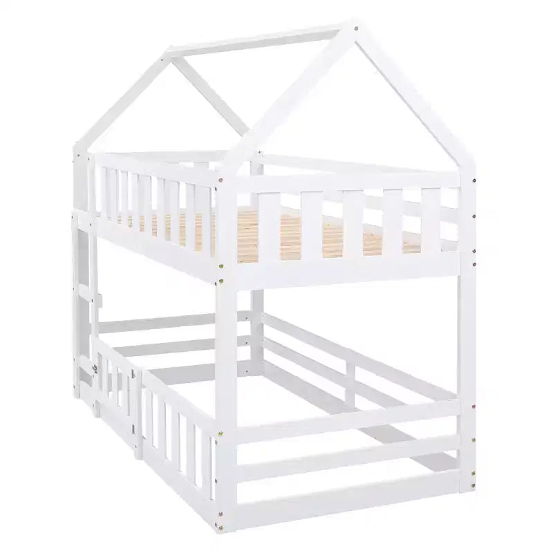 Whisen Wood Twin over Twin House-Shaped Bunk Bed with Fence with Door and Ladder
