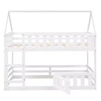 Whisen Wood Twin over Twin House-Shaped Bunk Bed with Fence with Door and Ladder